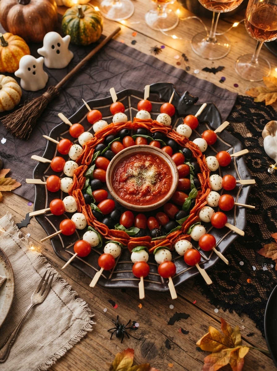 Mini pizza crusts topped with mozzarella and tomato slices on a stick.